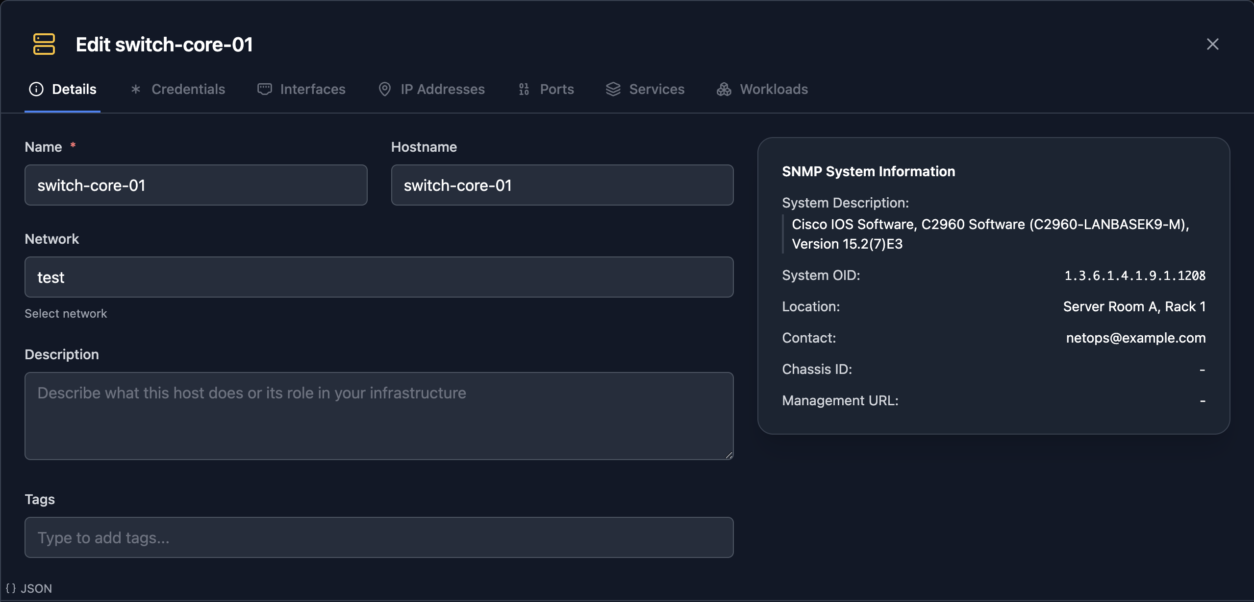 Scanopy host detail for switch-core-01: the SNMP System Information panel with the C2960 system description, system OID 1.3.6.1.4.1.9.1.1208, and location, the same fields the System MIB walk returned in Step 1.