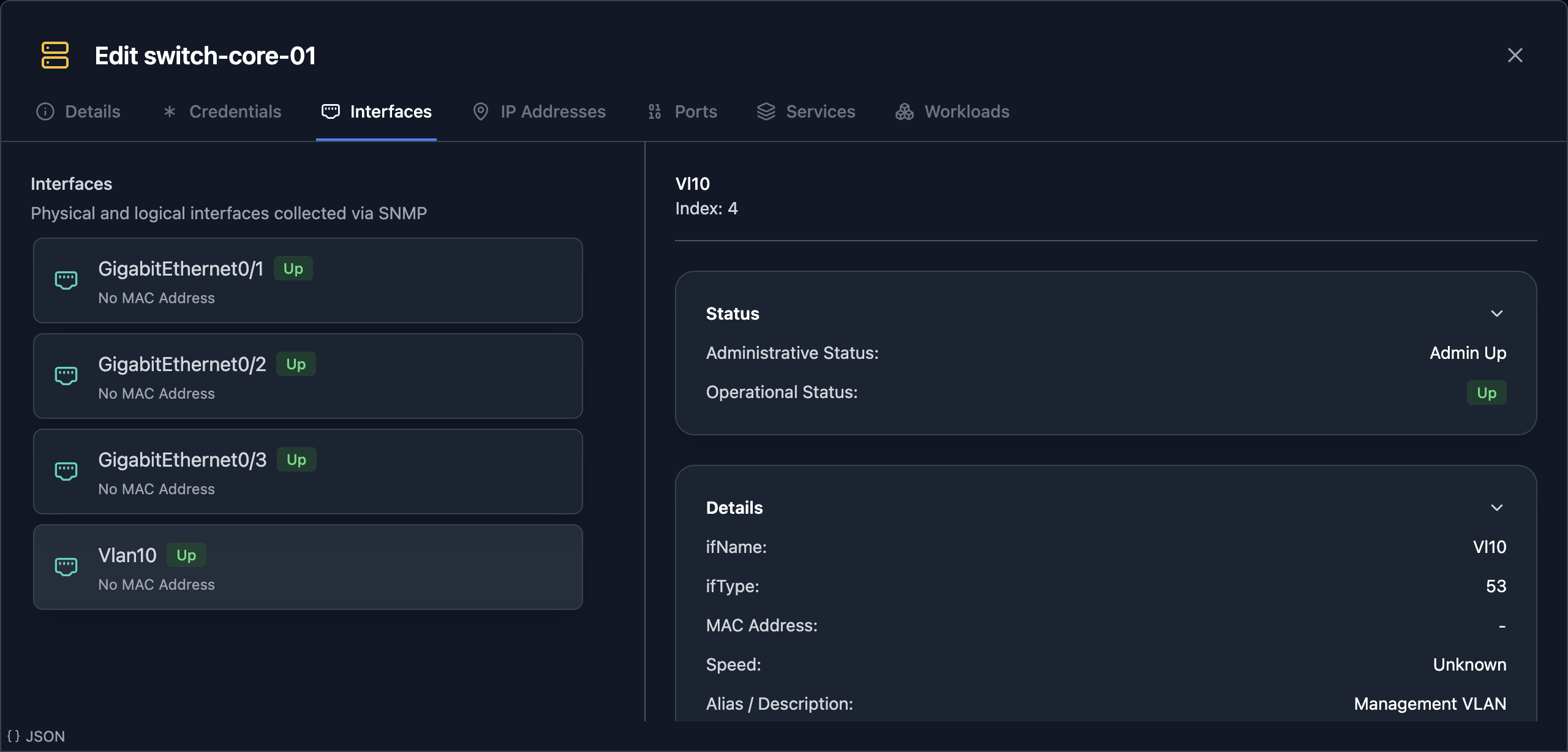 Scanopy interface list for switch-core-01: GigabitEthernet0/1 to 0/3 and Vlan10, with Gi0/1 expanded to show ifName, ifType, speed, admin and operational status, and the alias "Uplink to switch-access-01", the same fields the Interface MIB walk returned in Step 2.